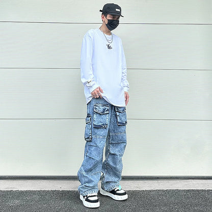 fashion loose streetwear cargo denim jeans unisex casual multi pocket wide legs jean pants hip hop joggers mens baggy jeans unique joggers style 1960