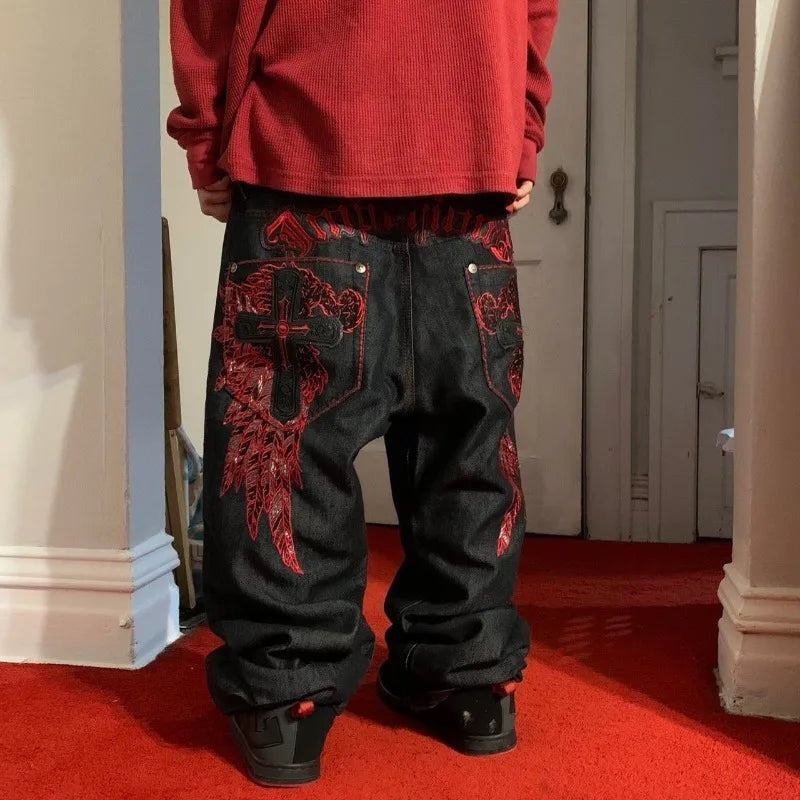 Y2K Straight Wide Leg Pants New Street Selling Fashion Loose American Hip Hop Retro Gothic Print Jeans Women Unisex Joker Jeans Street King Limited