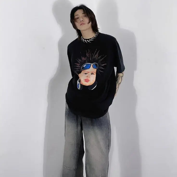 Korean pure cotton printed short-sleeved T-shirt for men and women creative angel hip-hop street Y2K loose half sleeved top Street King Limited