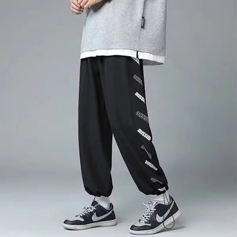 summer side letter printed straight pants mens drawstring sports joggers sweatpants y2k streetwear baggy casual trousers casual joggers