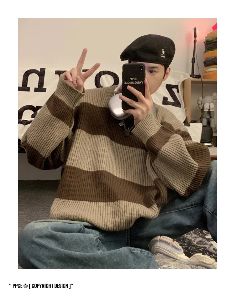 2023 striped sweaters lazy mens knitwear autumn and winter new outerwear trendy brand high end thread clothing men pullover unique default style 698