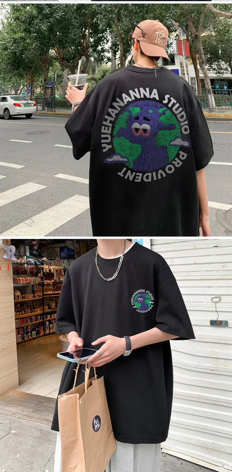 Pure cotton T-shirt men's new loose oversize short top summer tight Hong Kong style round neck American ins short sleeves tops Street King Limited
