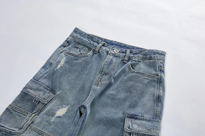 mens baggy jeans side big pocket distressed ripped denim jean straight pants high street cargo jean pants hip hop joggers jeans unique joggers style 1988