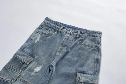 mens baggy jeans side big pocket distressed ripped denim jean straight pants high street cargo jean pants hip hop joggers jeans unique joggers style 1988