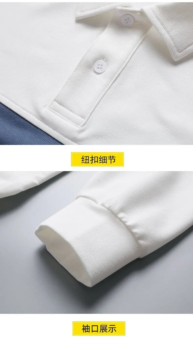 New polo shirt men's contrast color lapel spliced long sleeve t-shirt japanese large size loose sweatshirt bottoming shirt tops Street King Limited