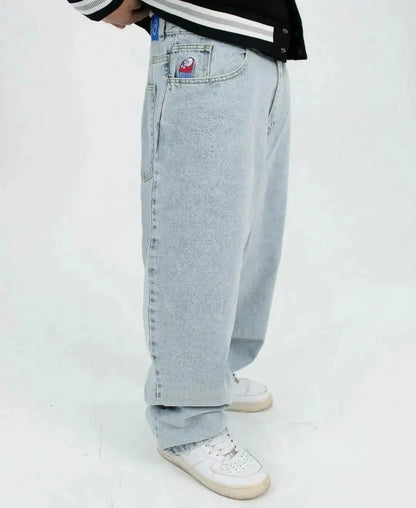 retro blue baggy jeans hip hop streetwear big boy jeans y2k embroidery pattern pants men women fashion pants clothing unique jeans style 1017