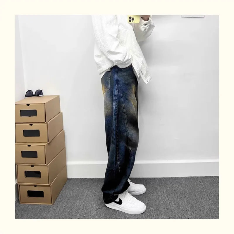 autumn hip hop graffiti painted baggy jeans mens y2l streetwear wide leg denim pants punk fashion distressed gradient jean unique jeans style 282