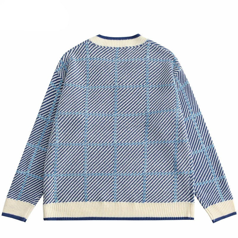 Men Hip Hop Knitted Sweater Streetwear Embroidery Heart Plaid Pullover 2023 Autumn Harajuku Cotton Casual Pullover Sweater Blue Street King Limited