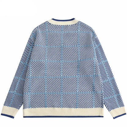 Men Hip Hop Knitted Sweater Streetwear Embroidery Heart Plaid Pullover 2023 Autumn Harajuku Cotton Casual Pullover Sweater Blue Street King Limited