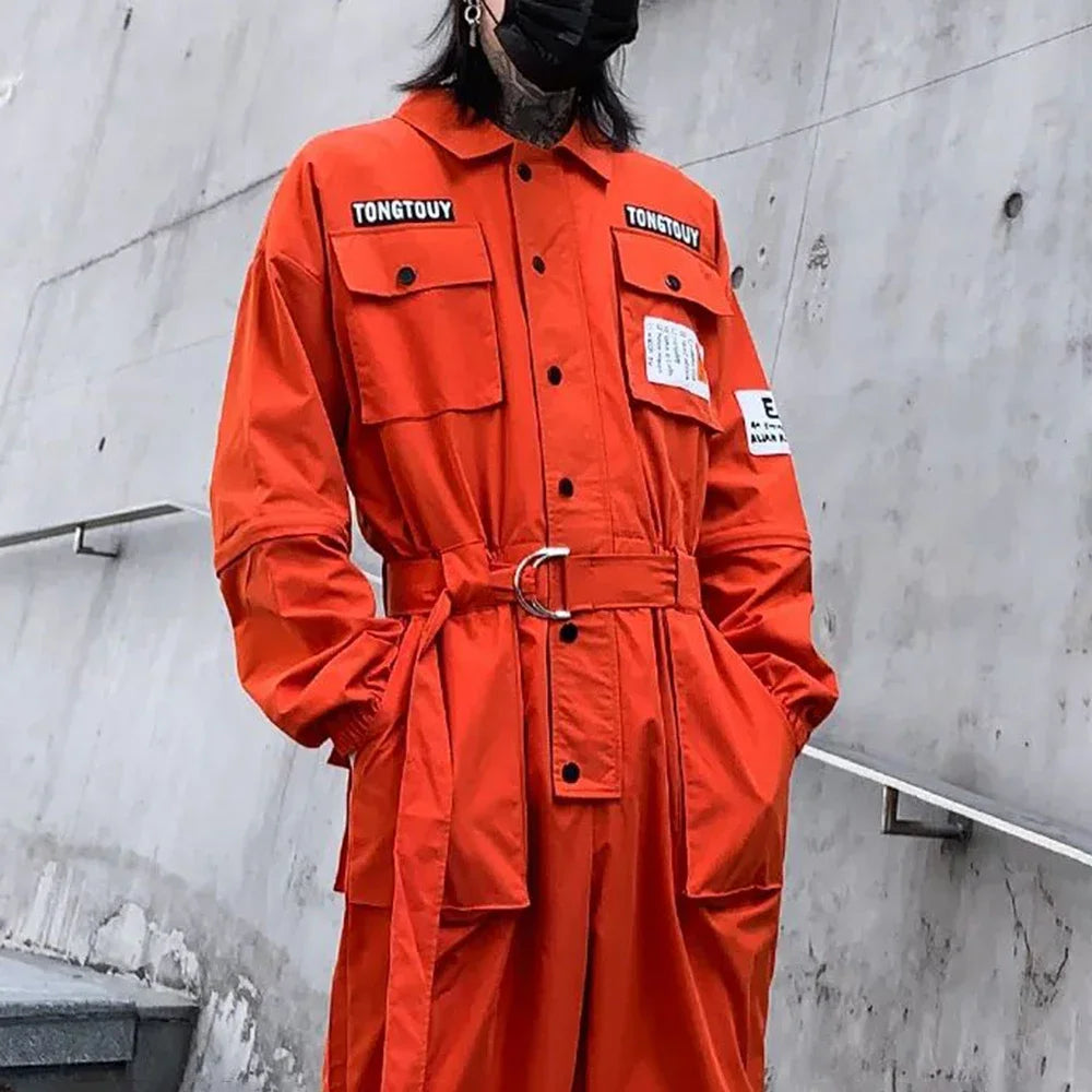 2023 autumn street short sleeve american jumpsuit mens jumpsuit suit motorcycle removable pants hip hop leg pants unique shorts style 4468