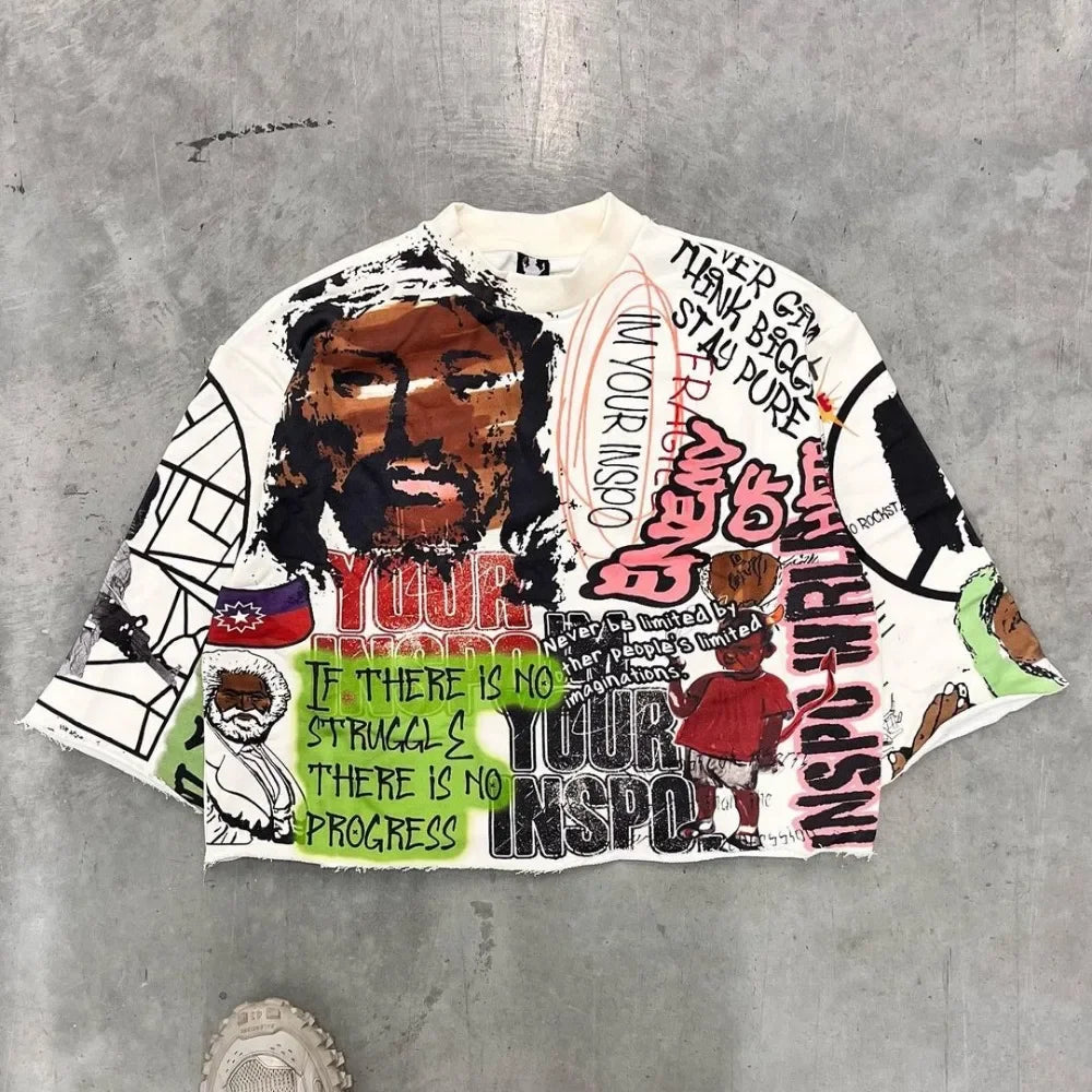 Hip Hop Graffiti Y2K T Shirt Mid Long Sleeve Men Women Punk Style Graphic Printed Oversized T Shirt Harajuku Loose Short Sleeved Street King Limited
