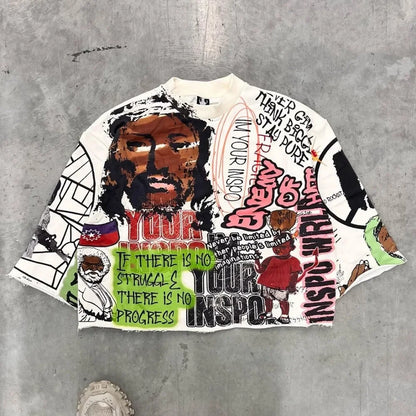 Hip Hop Graffiti Y2K T Shirt Mid Long Sleeve Men Women Punk Style Graphic Printed Oversized T Shirt Harajuku Loose Short Sleeved Street King Limited
