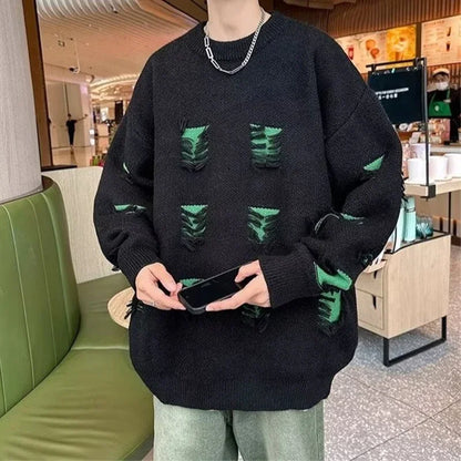 2025 New Ripped Design Crewneck Sweater For Men High Street Patchwork Knitted Jumpers Y2K Vintage Christmas Knitwear Pullovers Street King Limited