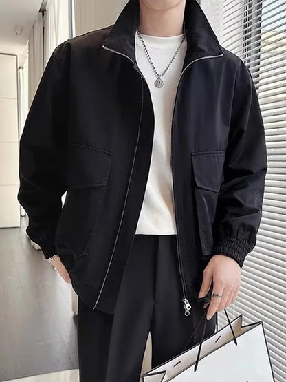 autumn solid color cargo jackets for men new korean fashion zipper cardigan coats stand collar streetwear bomber jacket hombre unique cargo style 1669