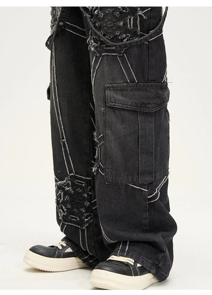 punk belt denim jeans pants women harajuku streetwear side pocket cotton men unisex casual baggy joggers straight pants trousers unique joggers style 3362