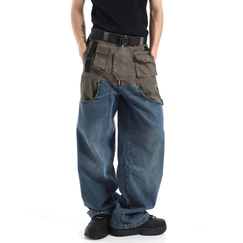 high street cargo pocket patchwork denim jeans pants unisex fashion loose wide leg straight functional tactics pants joggers men unique joggers style 734