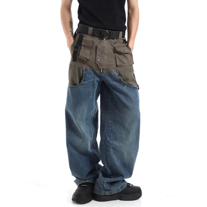 high street cargo pocket patchwork denim jeans pants unisex fashion loose wide leg straight functional tactics pants joggers men unique joggers style 734