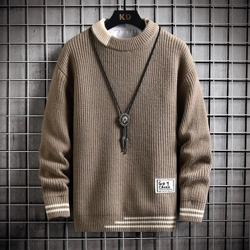 Autumn Winter Men Sweater Warm Top New Fashion Stitching Color Matching Pullover Round Neck Sweater Thickened Knitted Sweater Street King Limited