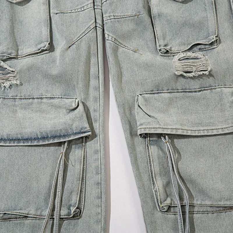 Men Y2K Baggy Jeans Multi Pocket Distressed Ripped Straight Cargo Denim Pants Harajuku Casual Trousers Hip Hop Retro Streetwear Street King Limited