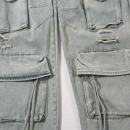 Men Y2K Baggy Jeans Multi Pocket Distressed Ripped Straight Cargo Denim Pants Harajuku Casual Trousers Hip Hop Retro Streetwear Street King Limited