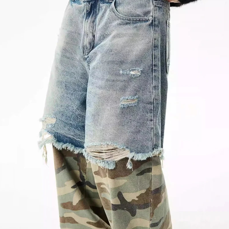 Camouflage Patchwork Jeans Mens Fake Two Items Street Punk Unisex Denim Pants Multiple Pockets Blue Size S-3XL Cowboy Trousers Street King Limited