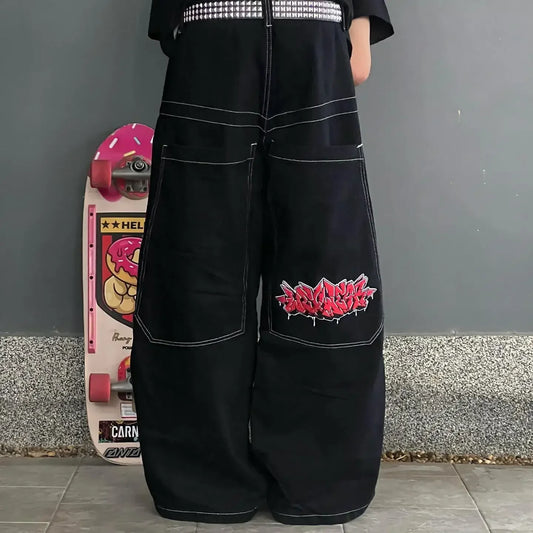 wexwear embroid baggy jeans harajuku hip hop graphic high waist wide trouser streetwear y2k jeans men women gothic black pants vintage washed jeans