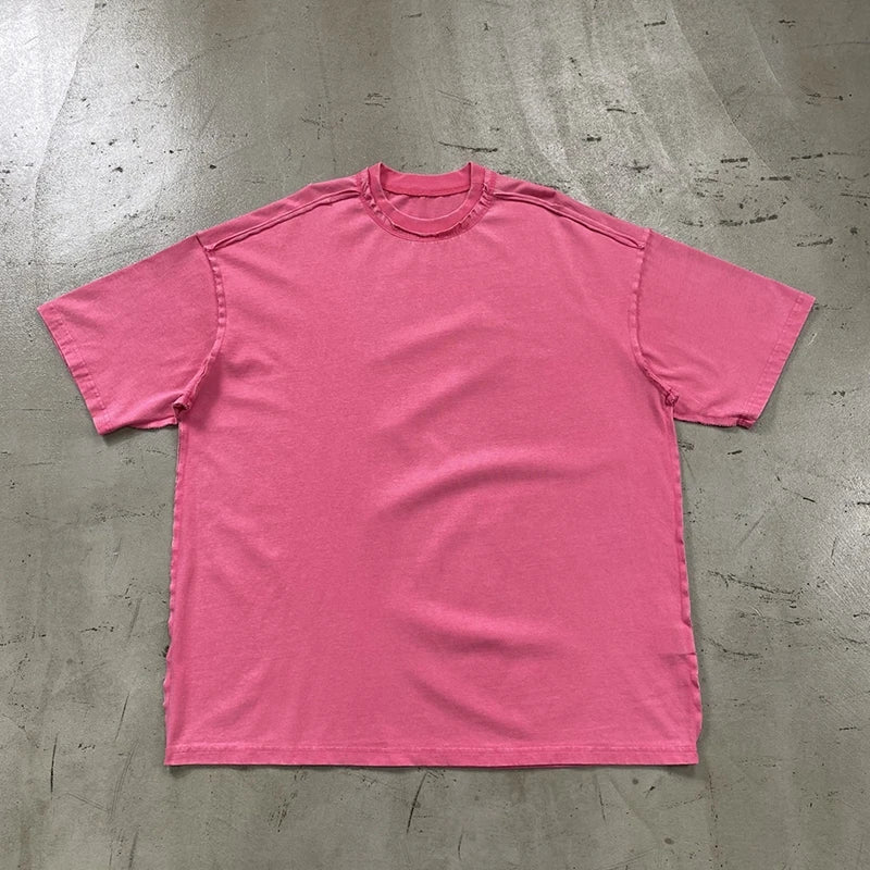 2024 Summer New Washed Oversized Tshirt Worn Out Retro Distressed Tee Raw Edge Men's Cotton Short Sleeved Tie Dyeing T-shirt Street King Limited