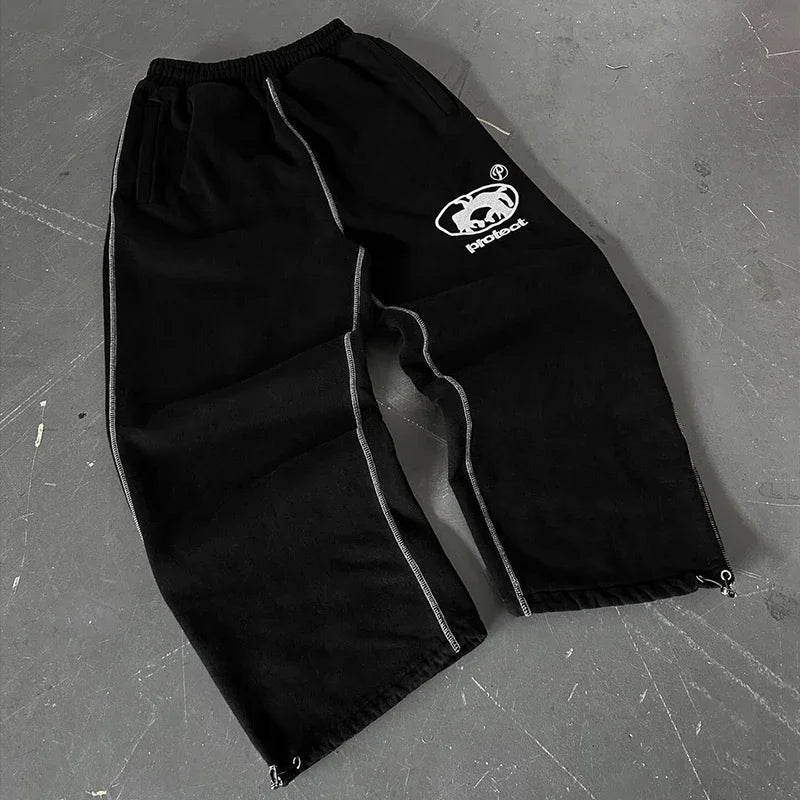 Fashion Drawstring Leg Tie Pants Street Casual Y2K Sweat Pants Men Embroidered High Street Oversized Cotton Straight Leg Pants Street King Limited