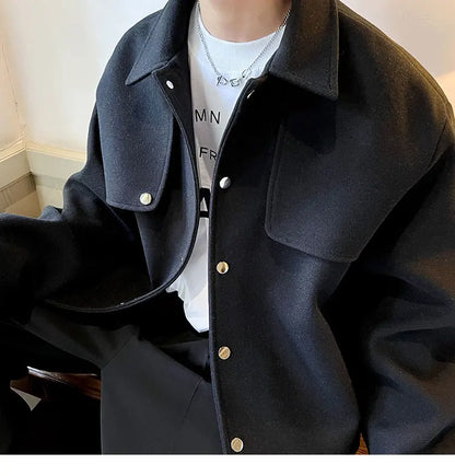 Winter Short Woolen Coat Men Warm Retro Thickened Woolen Jacket Men Streetwear Korean Loose Woolen Coat Mens Oversized Overcoat Street King Limited
