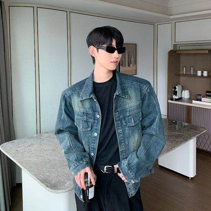 2024 trend mens denim jackets vintage washed design multiple pockets cowboy coats loose shoulder padded cardigan male spring vintage washed jeans