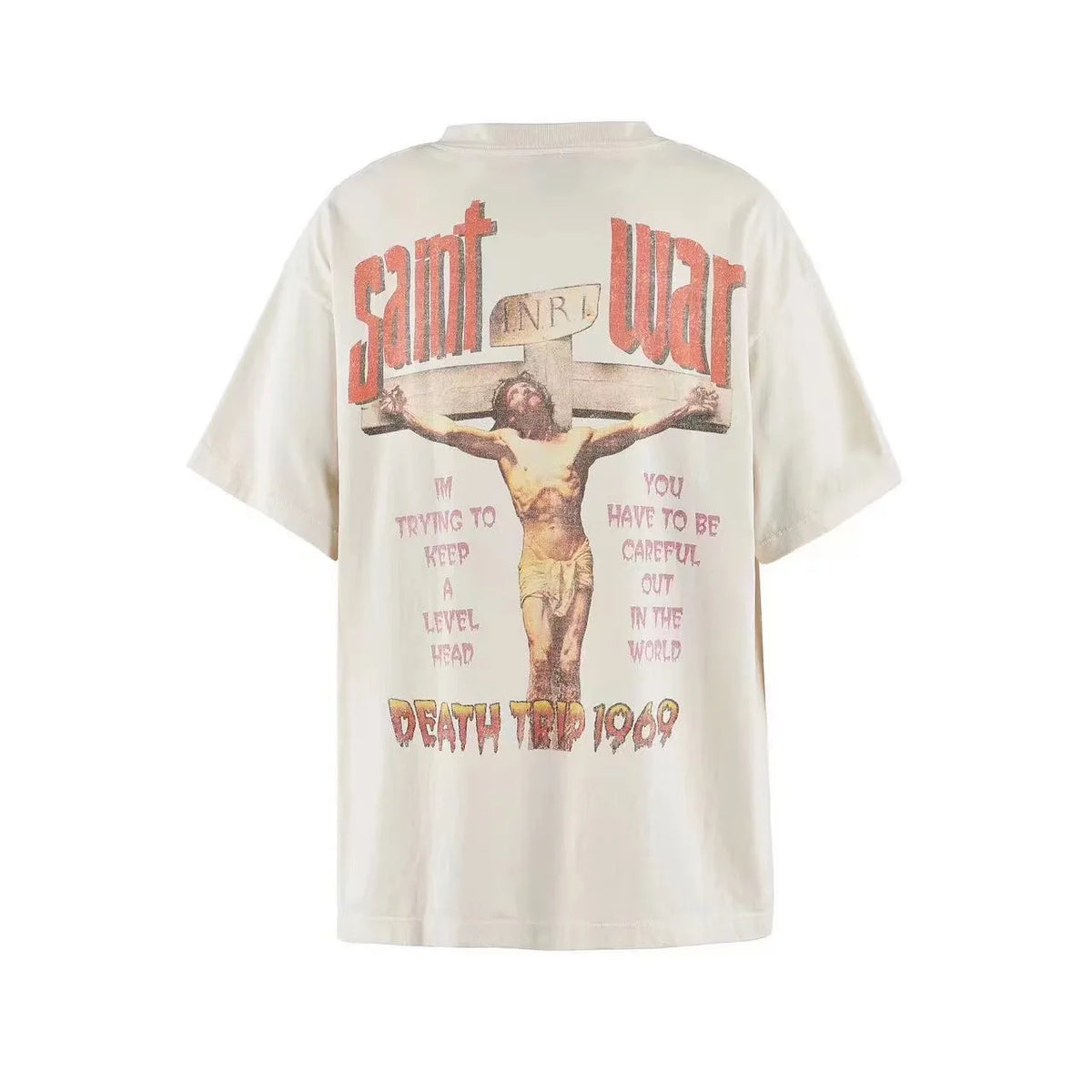 24SS New Vintage Retro Cross Printing Washed Distressed Short Sleeves T-Shirt Tops Street King Limited