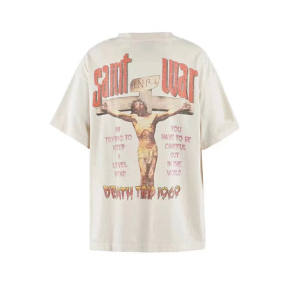 24SS New Vintage Retro Cross Printing Washed Distressed Short Sleeves T-Shirt Tops Street King Limited