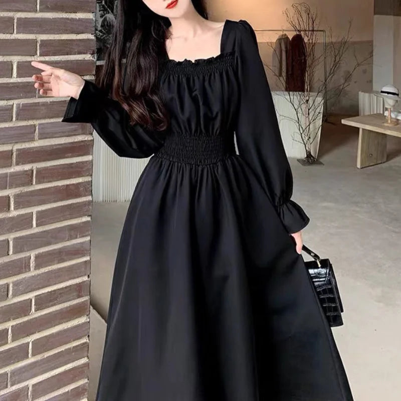 Black Elegant Dress Women Vintage Long Sleeve Spring Autumn Dresses Square Collar Oversize Loose Casual Robe Streetwear Street King Limited