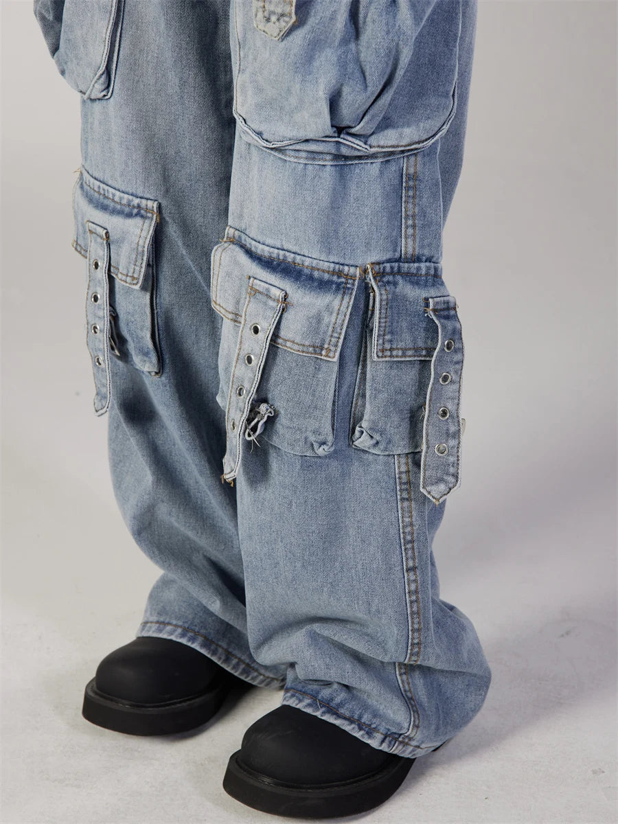fashion loose streetwear cargo denim jeans unisex casual multi pocket straight jean pants with belt hip hop joggers baggy jeans unique joggers style 2697