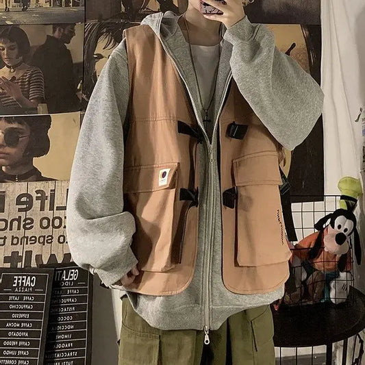 Fake two-piece coat men's ins, trendy Japanese functional workwear hooded jacket, autumn European and American retro trend tops Street King Limited