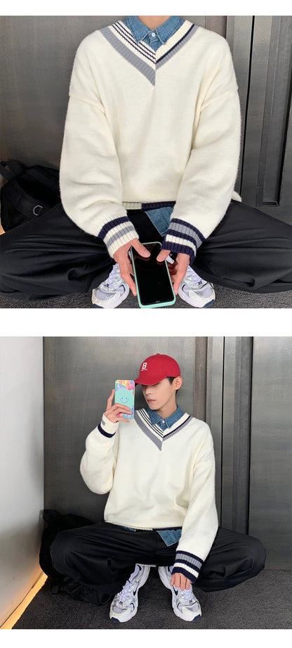 Pullovers Men Sweater Patchwork Ins Fashion Winter Design Couple V-neck Harajuku Knitwear Loose Students Simple Ropa Para Hombre Street King Limited