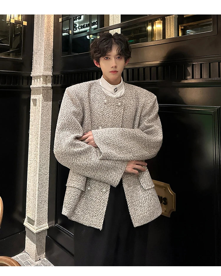 men double breasted french retro loose casual woolen short jacket man korean streetwear show fashion coat autumn outerwear unique shorts style 1326