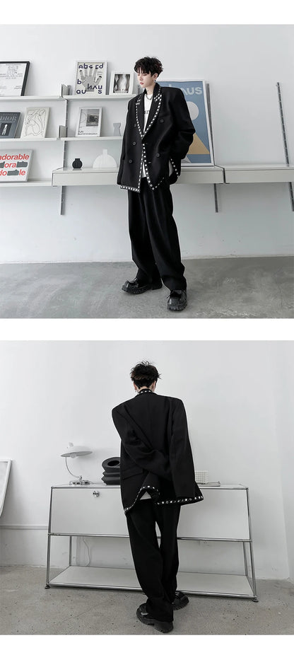 men streetwear fashion loose casual rivet hip hop party dress 2 piece suits blazers jacket pant sets stage clothing costume unique default style 1529