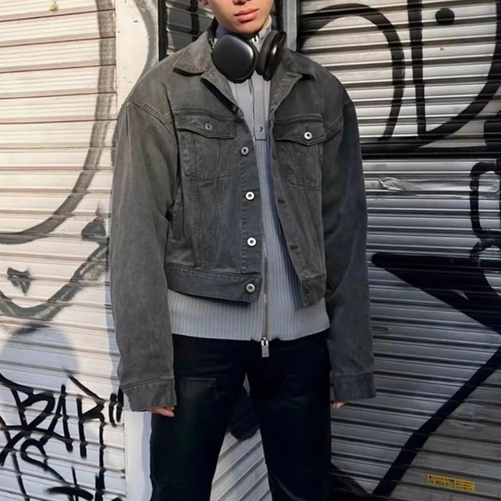 2023 autumn and winter solid color washed gray jeans jackets for men harajuku cleanfit baggy y2k denim coat oversized loose tops unique jeans style 39