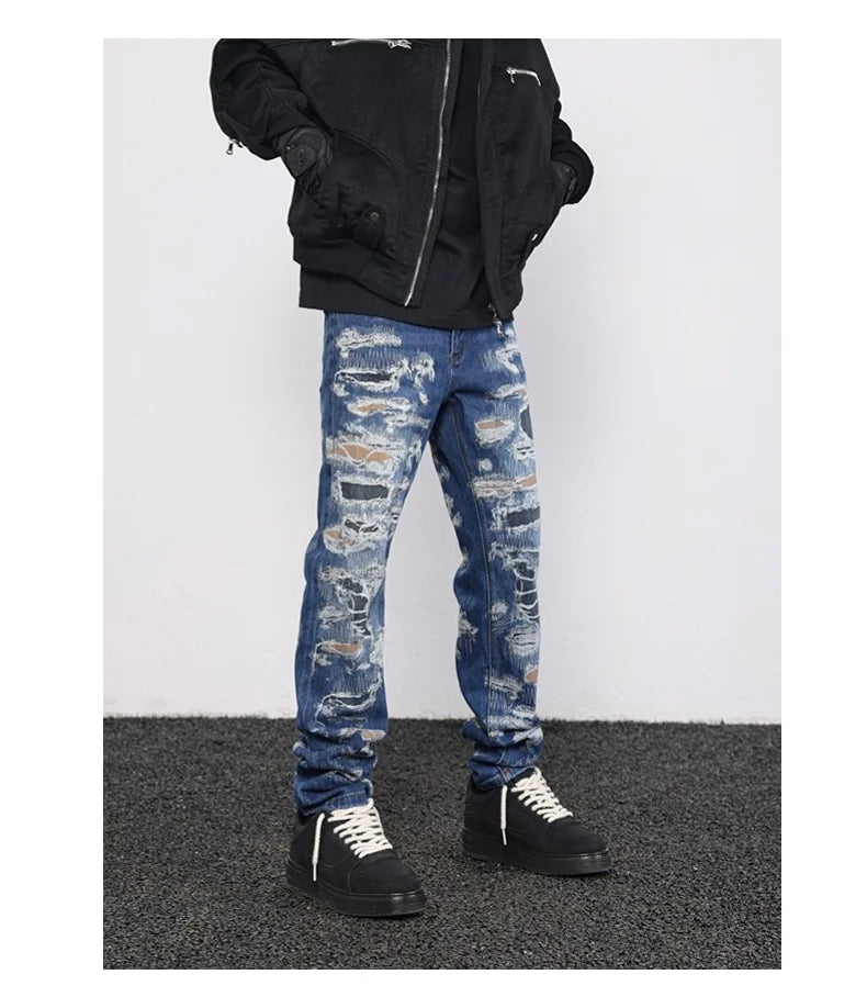 retro washed 3d printed fake distressed jeans hip hop denim pants streetwear jean pants mens harajuku cotton trousers joggers unique joggers style 2871