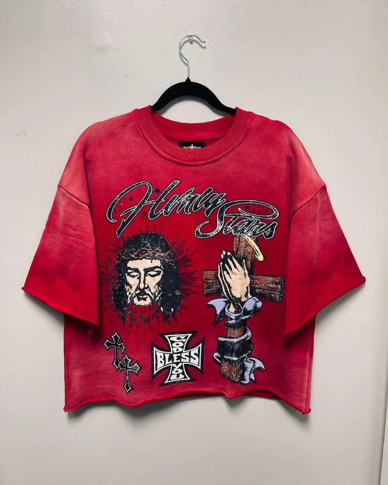 Trendy Brand Fashion Versatile Loose Half-sleeved Top Men Y2k Harajuku Hip-hop Rock Anime Cartoon Printed Short-sleeved T-shirt Street King Limited