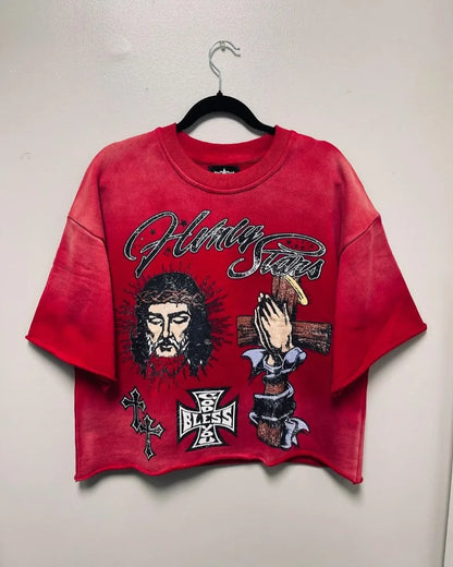 Trendy Brand Fashion Versatile Loose Half-sleeved Top Men Y2k Harajuku Hip-hop Rock Anime Cartoon Printed Short-sleeved T-shirt Street King Limited