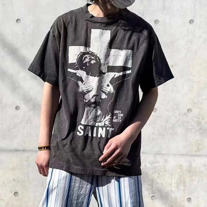 2024ss Sheep Lion Head Printing T Shirt Michael Men Woman Good Quality Vintage Wash Black O-Neck Loose Casual Tops Tee Street King Limited