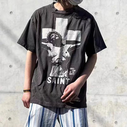 2024ss Sheep Lion Head Printing T Shirt Michael Men Woman Good Quality Vintage Wash Black O-Neck Loose Casual Tops Tee Street King Limited