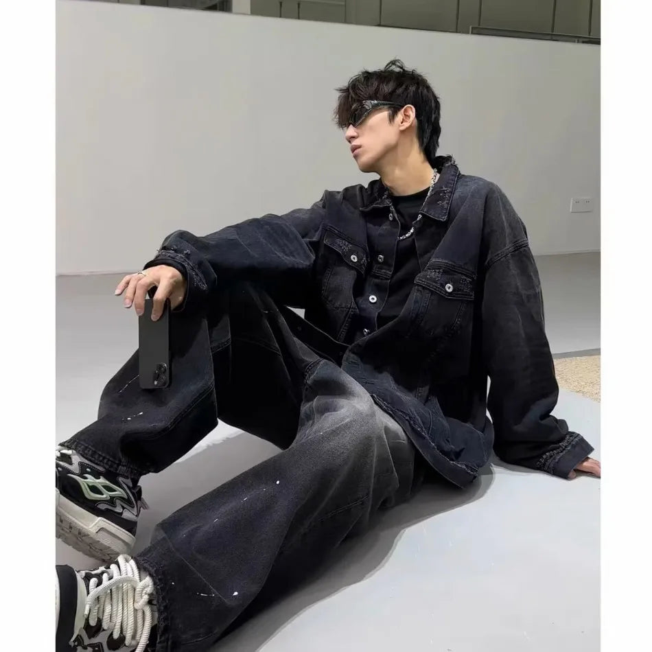 high street washed denim jacket mens trends new spring streetwear single breasted casual hip hop coats loose cowboy outwear unique jeans style 4001