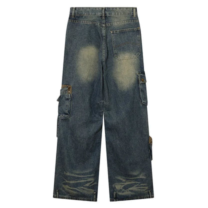 Men Baggy Straight Jeans Y2k Vintage Multiple Pockets Cargo Pants Japanese Streetwear Hip Hop Fashion Denim Trousers Unisex Street King Limited
