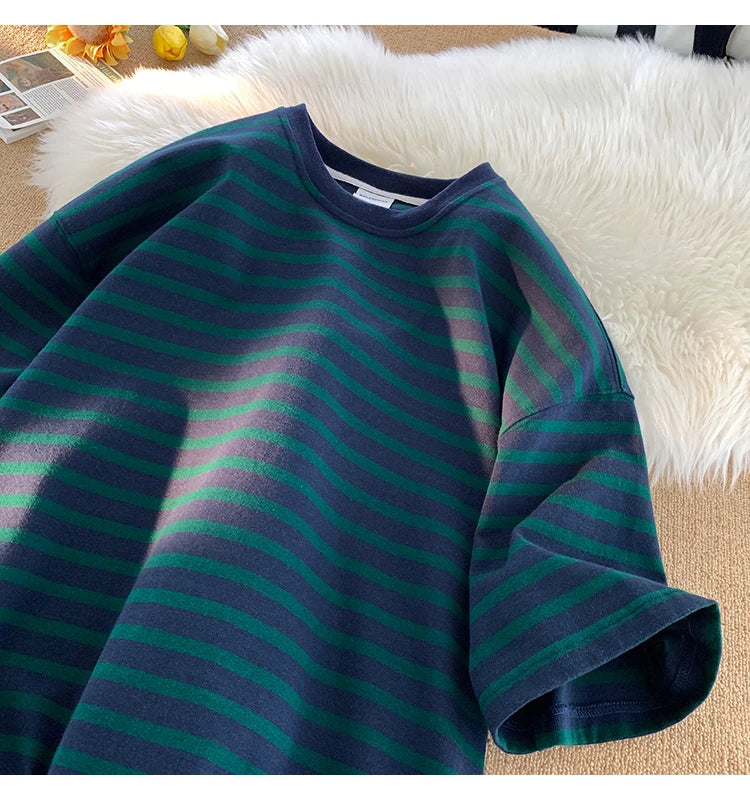 Japanese Striped Contrasting Color Short-Sleeved T-Shirt Men's Summer Pure Cotton 280g Heavy Loose Half-Sleeved T-Shirt Street King Limited