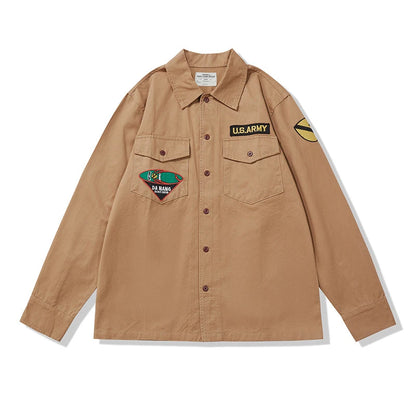 Amekaji Vintage Embroidered Long Sleeve Tooling Shirt Men Spring Autumn New Workwear Lapel Multi-pocket Cargo Shirt Cardigan Top Street King Limited
