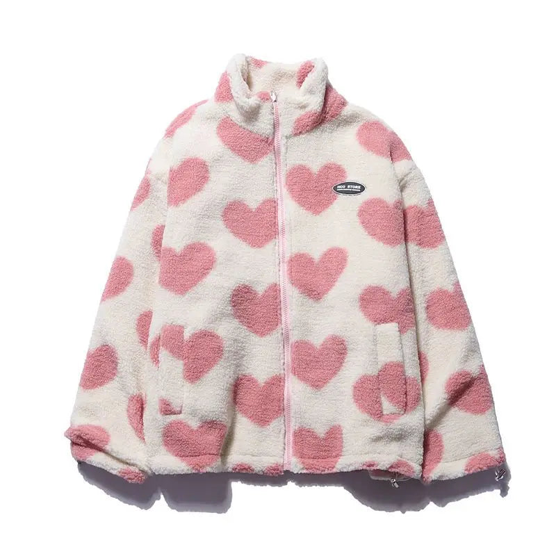 2024 autumn and winter new love lambswool cotton padded jacket double sided collar jacket couple loose jacket warm jacket y2k unique default style 4207