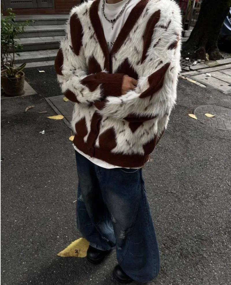 2024 New College Casual Mens Cardigan Autumn Diamond Grid Color Block Street Unisex Knitted Jacket Loose V-neck Sweater Coats Street King Limited